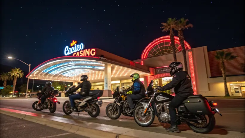A group of motorcyclists parked in front of a brightly lit casino resort entrance at night, wearing helmets and touring gear, with their bikes lined up along the curb