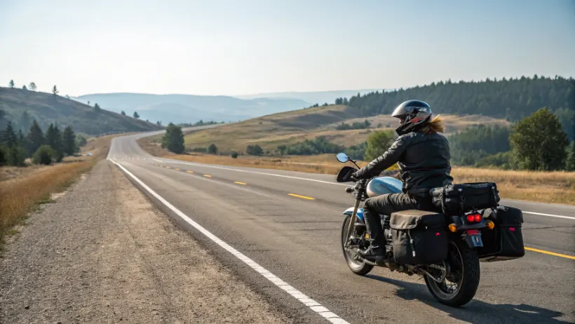 Motorcycle rider on an open highway with saddlebags and touring accessories