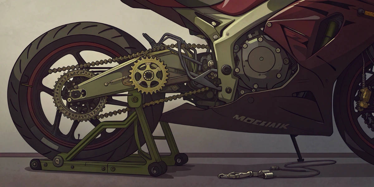 Close-up inspection of sport bike chain, brakes, and tire condition