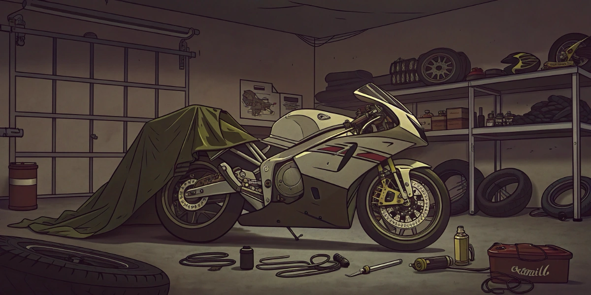 Sport bike prepared for winter storage with protective cover and maintenance