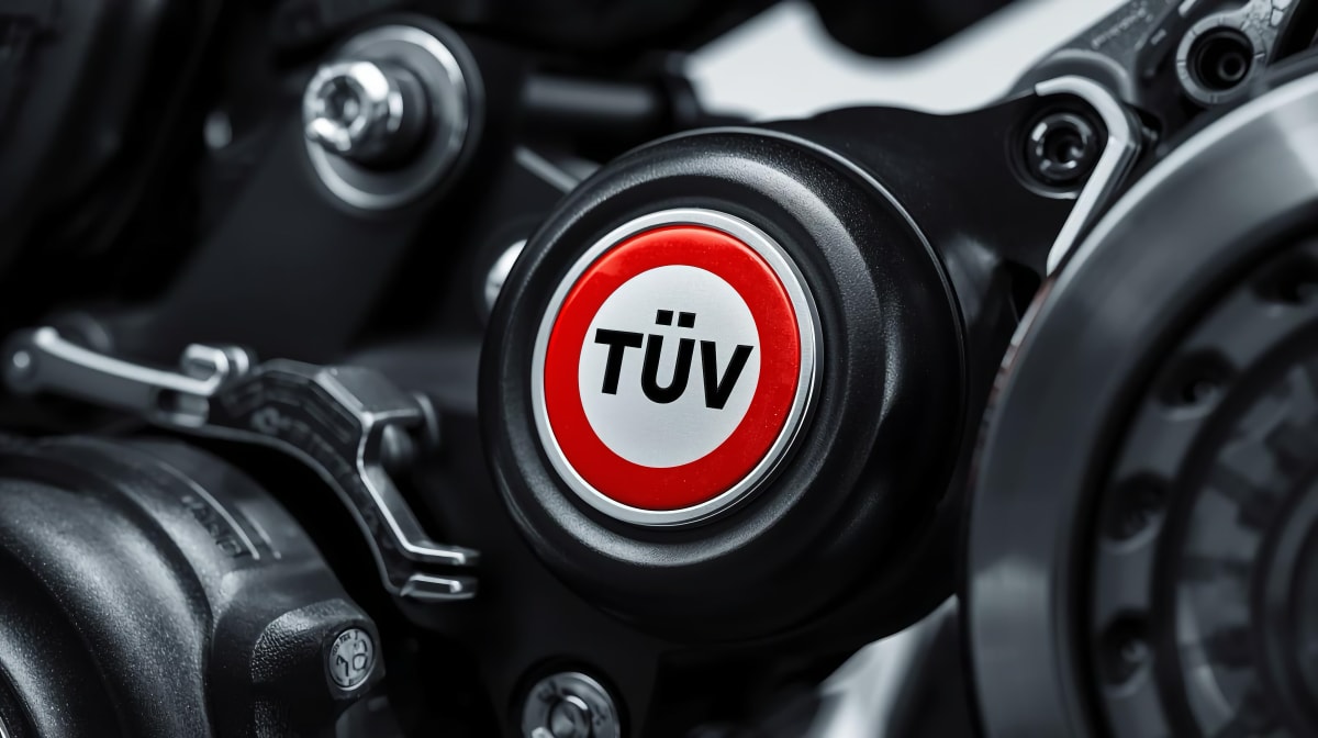 TÜV certification badge on motorcycle parts